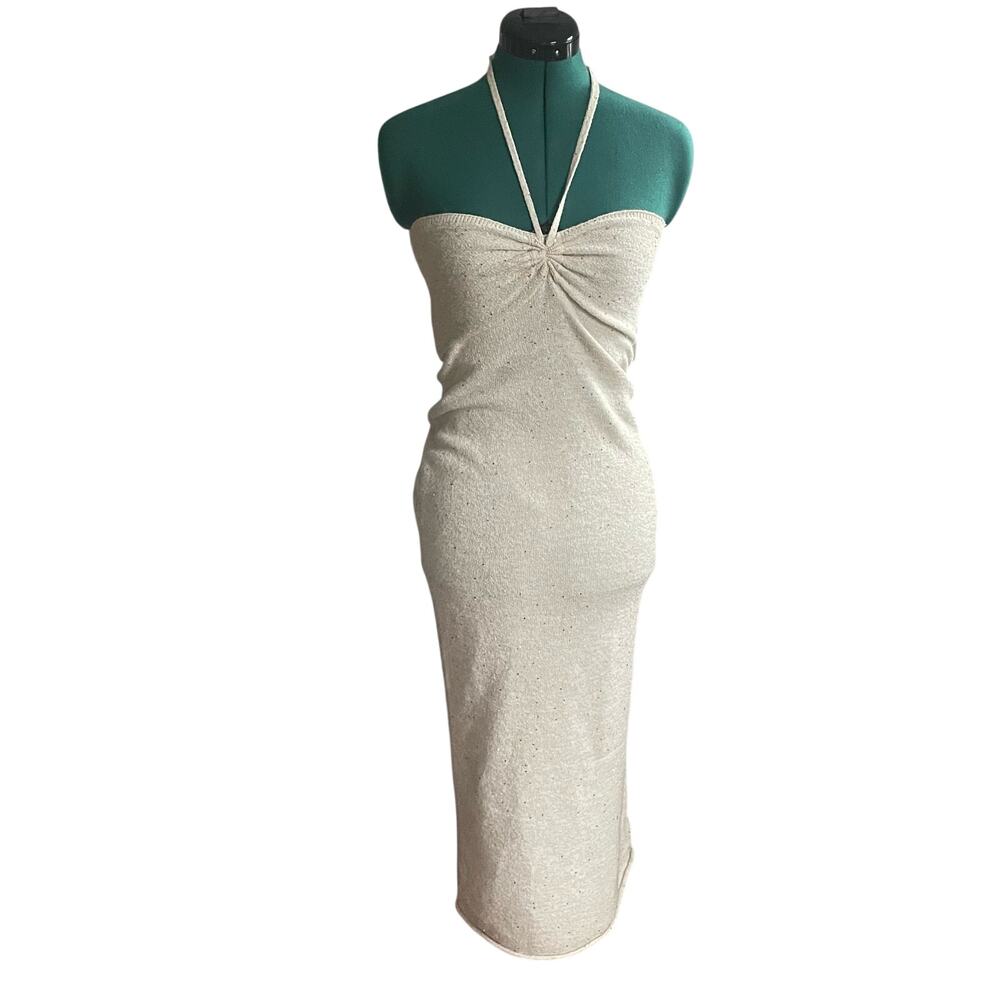 Wild Fable Stretch bodycon Midi Halter Dress Cream Sparkles Knit